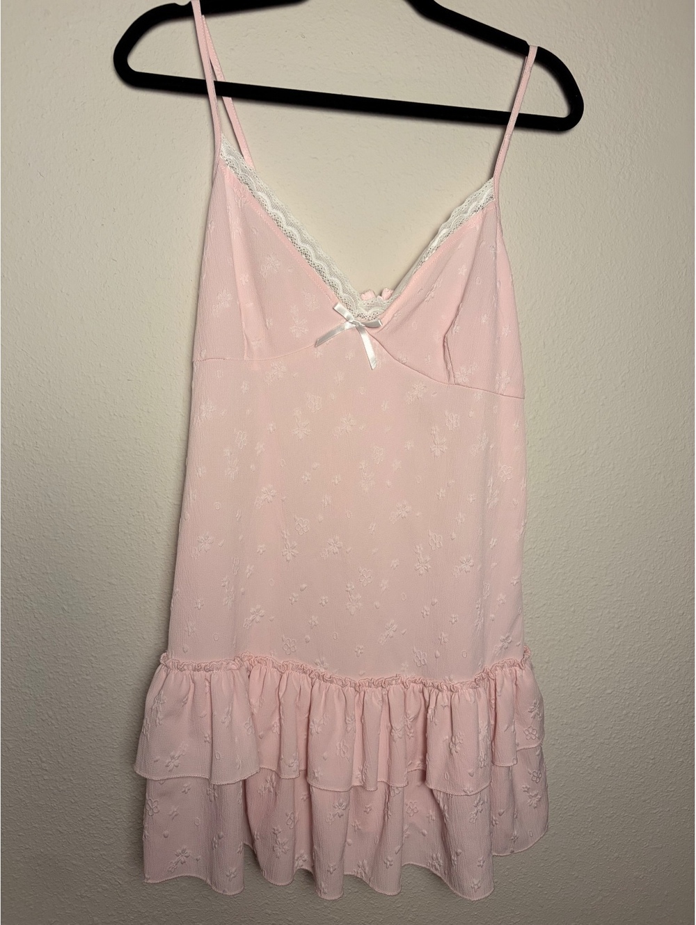 Light Pink Floral Embroidered Spaghetti Strap Dress with Ruffle Hem
